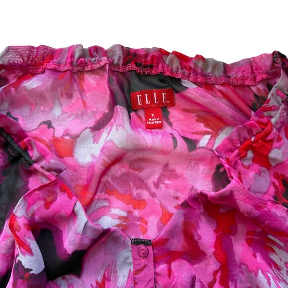 Elle‎ Sheer Pink Floral Blouse Ruffle Neck Maximalist Floral Size XL - Picture 9 of 9